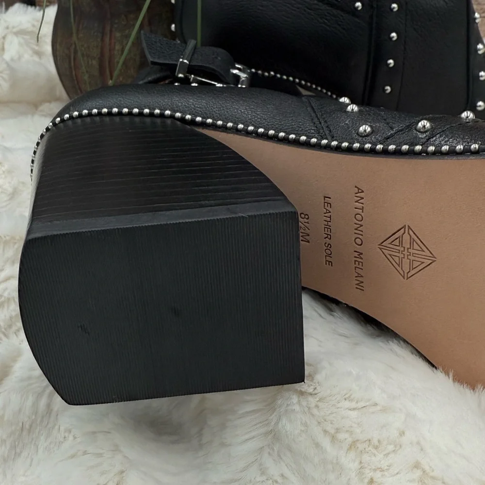Antonio Melani Black Leather Block Heel Studded Ankle Boots with Buckle closure - Picture 9 of 16